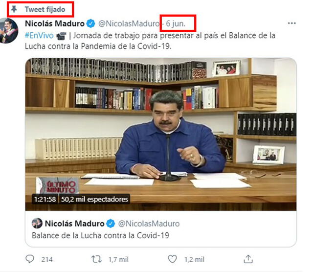 Tuit fijado. Foto: captura en Twitter / Nicolás Maduro.