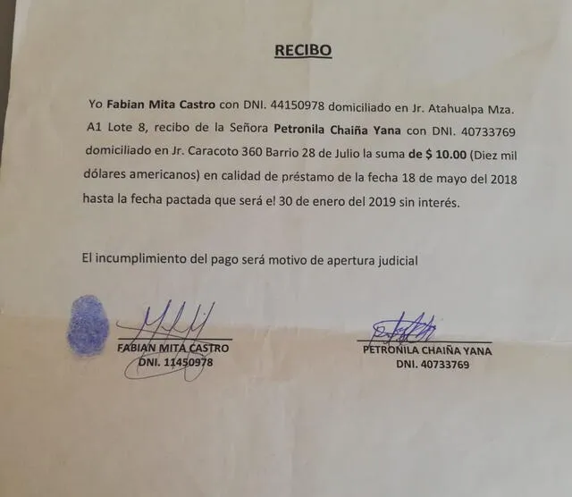 Recibo donde se consigna un aparente préstamo a favor de Mita.