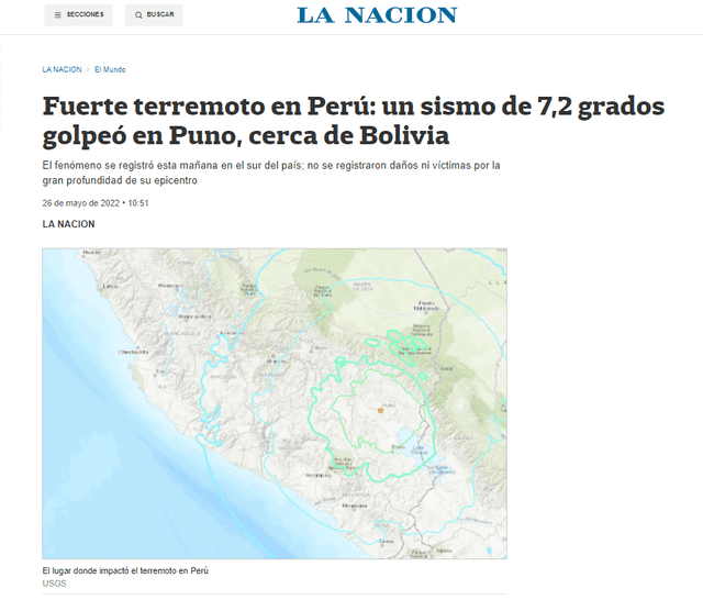Reporte de La Nación sobre el sismo en Puno. Foto: La Nación