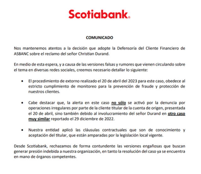  Comunicado de Scotiabank sobre el caso Christian Durand. Foto: Scotiabank   