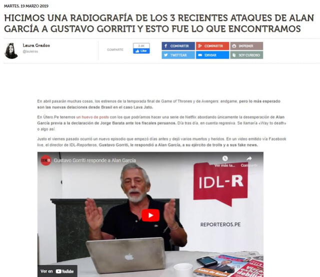  Artículo sobre los 3 recientes ataques de Alan García a Gustavo Gorriti fue publicado en marzo del 2019. Foto: captura de Útero.pe&nbsp;   