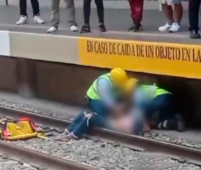 Foto: Personal de la Línea 1 auxilió a la mujer que cayó a los rieles del tren. SJL Noticias   