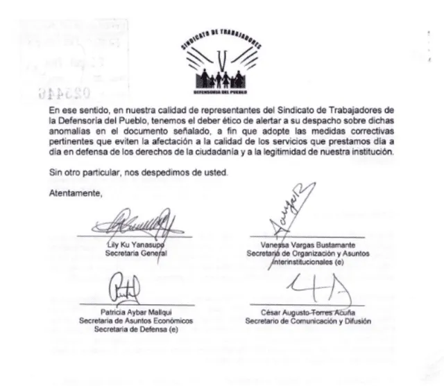 Carta del sindicato al defensor.