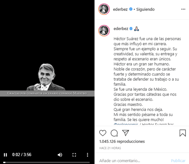 Eugenio Derbez se despide del primer actor Héctor Suárez con un sentido mensaje en Instagram.