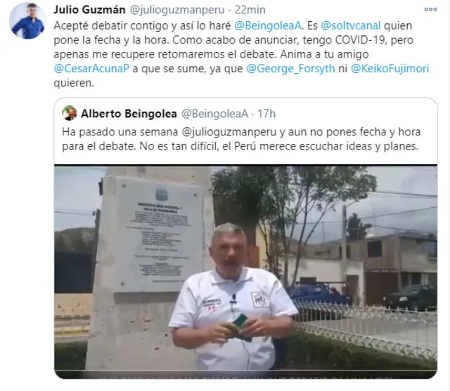 Guzmán debatirá con Beingolea. Foto: julioguzmanperu/Twitter