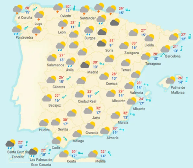Mapa del tiempo en España hoy, lunes 4 de mayo de 2020.