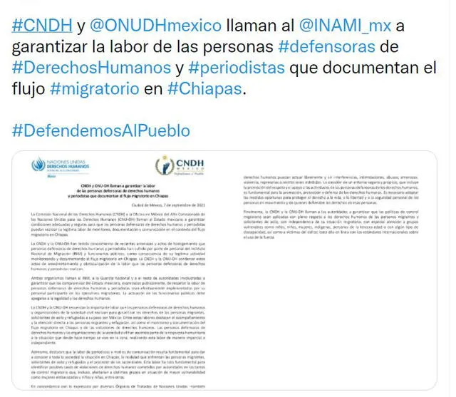 Anunció del comunicado de la ONU y la CNDDHH con relación a la labor de periodistas y activistas en las caravanas migrantes en México.
