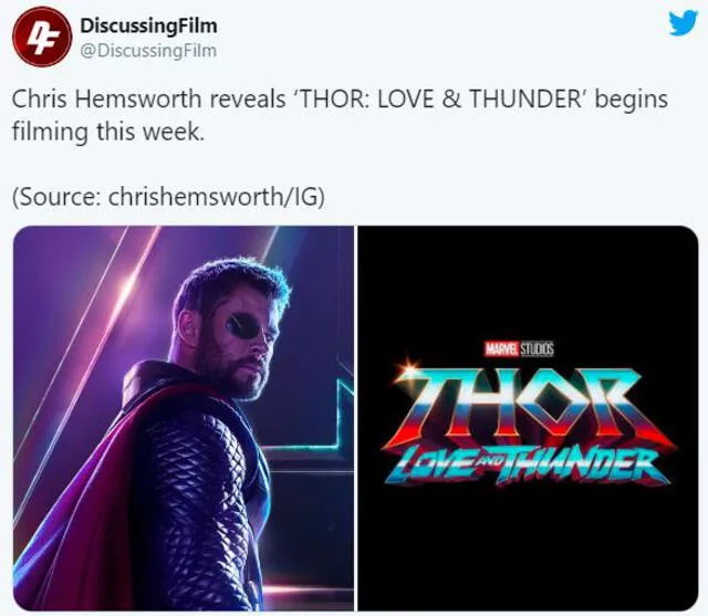 Chris Hemsworth reveló la fecha del rodaje de Thor 4. Foto: Twitter DiscussingFilm