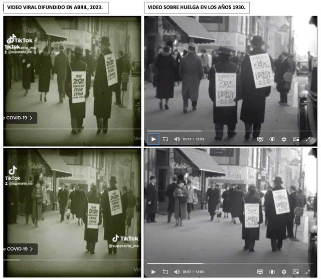 Comparación entre video viral que realiza supuesta predicción (izquierda) y video de archivo de protesta en la ciudad de Nueva York (derecha).   