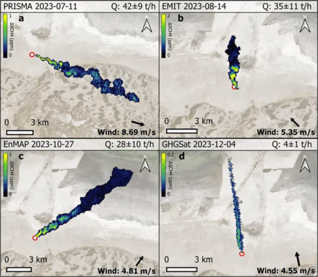  Muestra de penachos de metano detectados con los sensores de satélite PRISMA, EMIT, EnMAP y GHGSat en diferentes días. Foto: figura 2 de estudio científico    