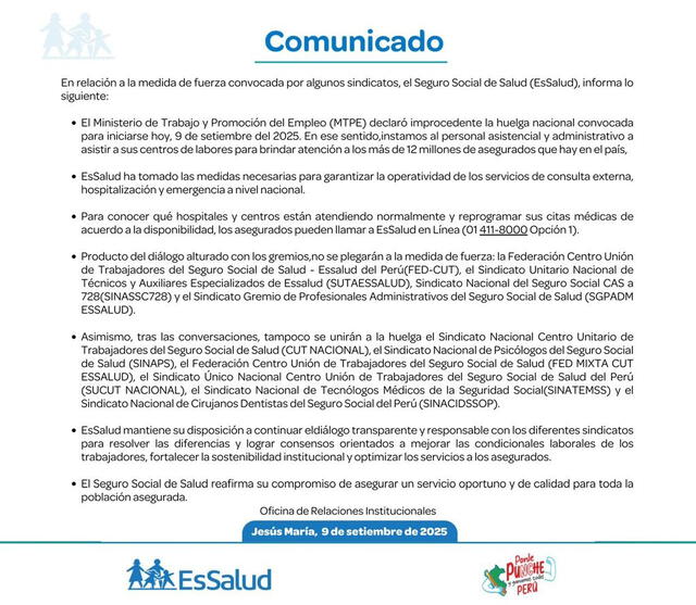 Comunicado de EsSalud.   