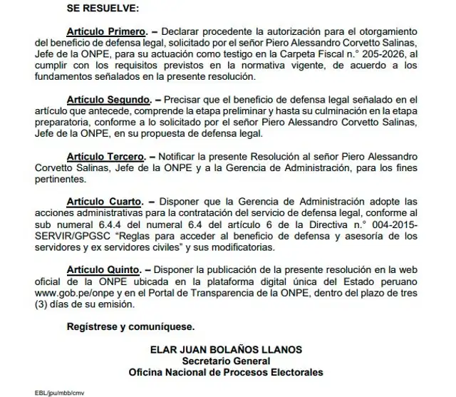 Resolución que autoriza el pago de la defensa legal de Corvetto.