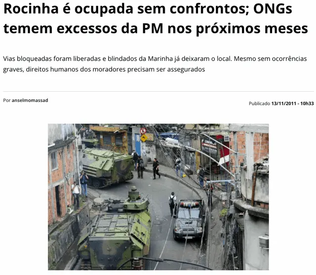 Publicación realizada el 13 de noviembre de 2011 para informar sobre un operativo en Río de Janeiro. Fuente: Captura LR, Red Brasil Actual.