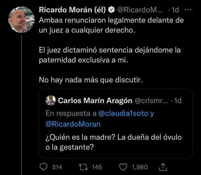 Ricardo Morán se defiende de las críticas. Foto: Ricardo Morán/ Twitter