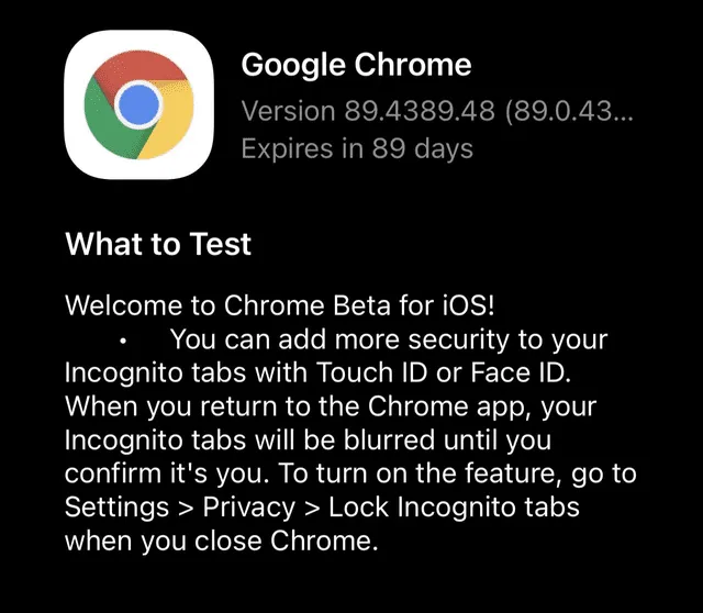 Notas incluidas en la actualización beta de Google Chrome para iOS. Foto: Twitter / @tomwarren