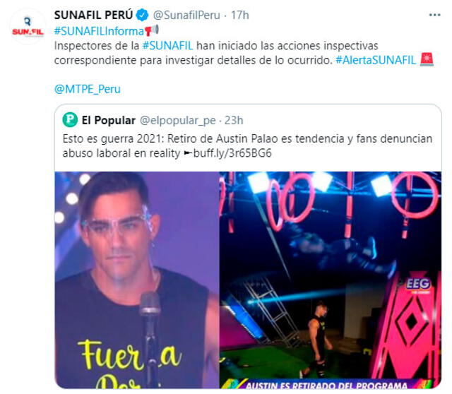 La Sunafil se pronunció sobre la expulsión del modelo Austin Palao por quejarse de uno de los juegos de altura. Foto: captura Sunafil Twitter