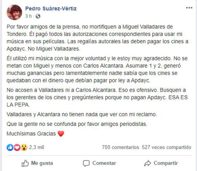 Post de Pedro Suárez Vértiz en Facebook