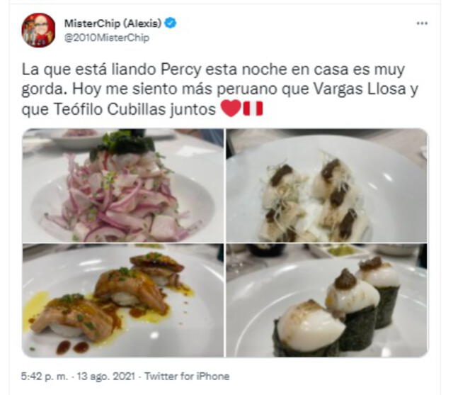Míster Chip compartió un post en su cuenta de Twitter en el que destacaba un plato de ceviche. Foto: Twitter