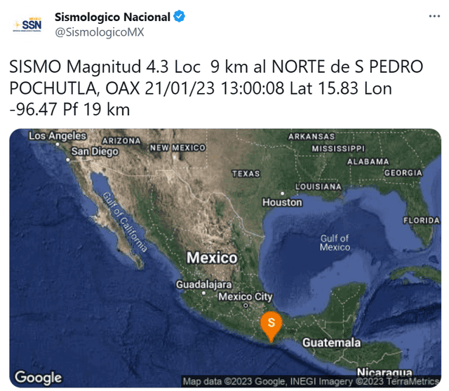 Último sismo de México. Foto: Twitter/SismologicoMX Último sismo de México. Foto: Twitter/SismologicoMX