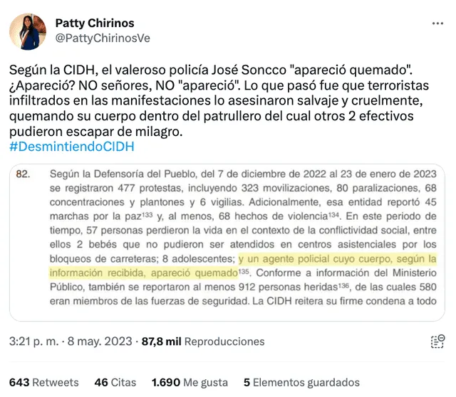 Publicación de Patricia Chirinos en Twitter ha alcanzado más de 87.800 visualizaciones. Foto: captura de Twitter   