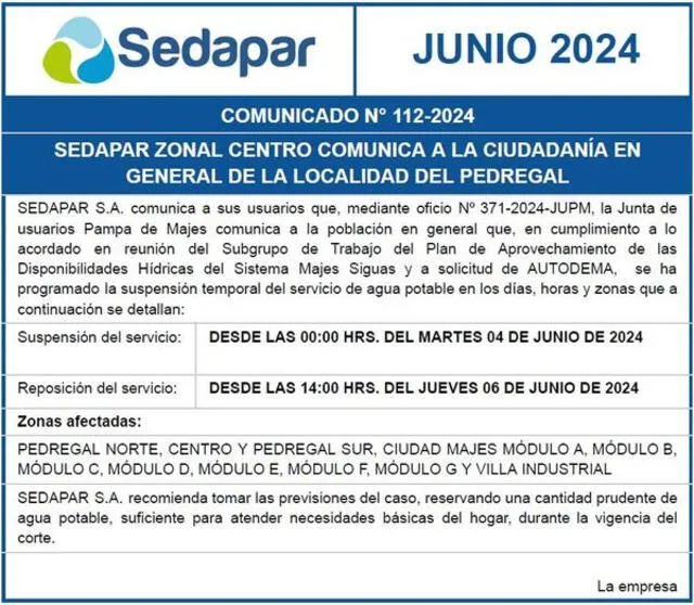  Sedapar anunció cortes en la zona de El Pedregal y Majes. Foto: Sedapar   