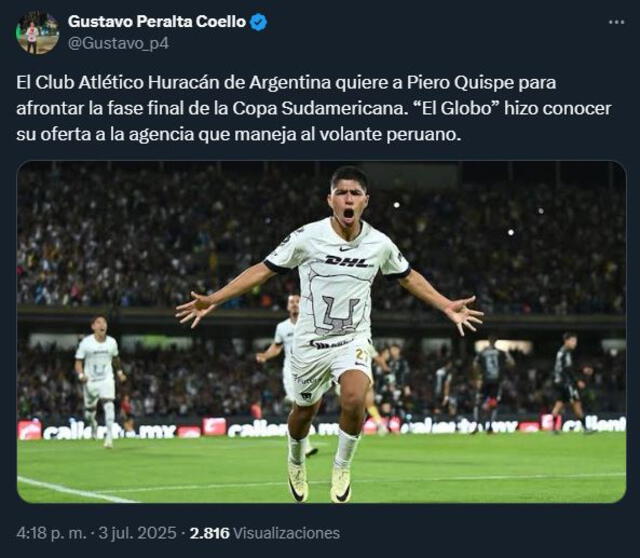 Piero Quispe llegaría a Huracán de Argentina. Foto: captura de X/Gustavo Peralta.   