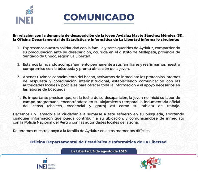 INEI deslinda responsabilidad de joven censista desaparecida en La Libertad.   