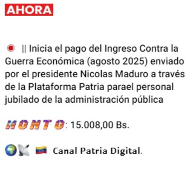 Anuncio del Bono de Guerra de agosto 2025. Foto: Canal Patria Digital   