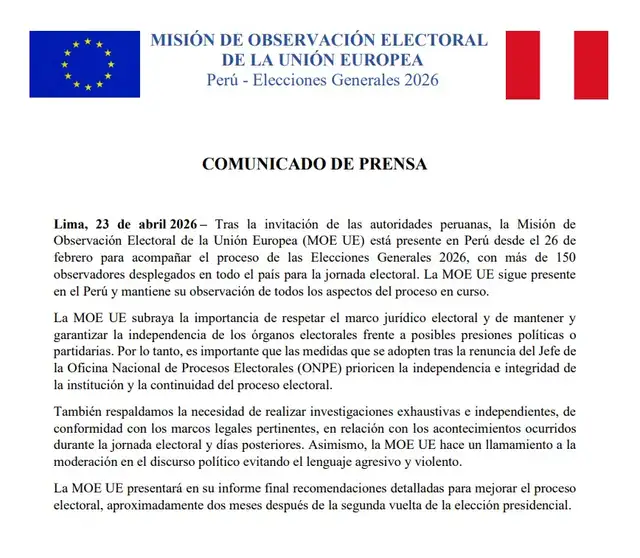 Comunicado de la Misión Electoral de la UE en Perú