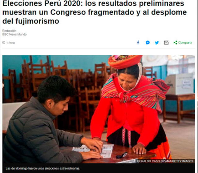 Portada de BBC sobre las elecciones congresales de Perú. Foto: captura