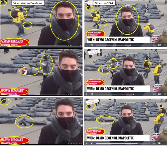 Comparación entre el video viral en redes sociales y el que fue compartido por un medio de comunicación de Austria. Fuente: Composición LR, Facebook, OE24.