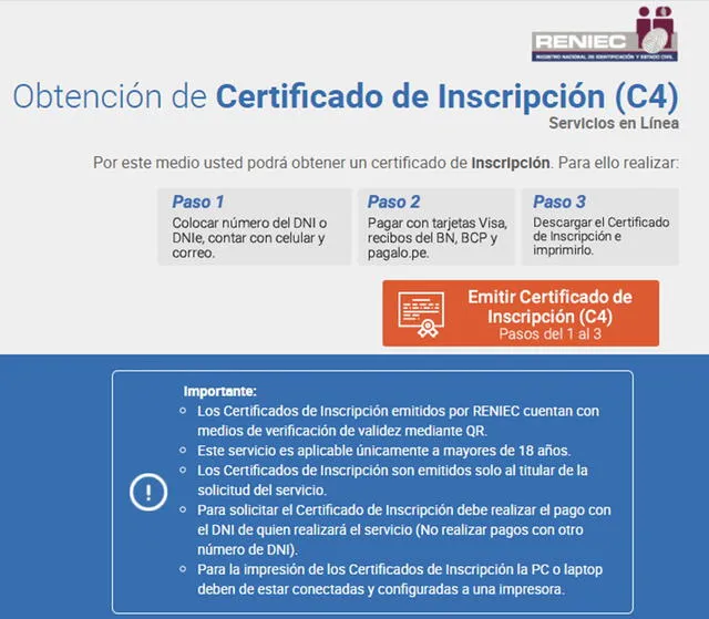 Pasos para tramitar el certificado C4 del Reniec.