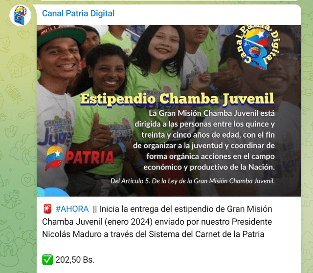 El Bono Chamba Juvenil de enero, en comparación al mes anterior, llegó con un aumento de 2,8 bolívares. Foto: Canal Patria Digital/Telegram