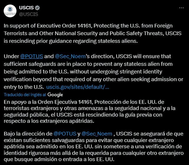 USCIS realizó su comunicado a través de su cuenta de X (antes Twitter). Foto: Captura X @USCIS USCIS realizó su comunicado a través de su cuenta de X (antes Twitter). Foto: Captura X @USCIS