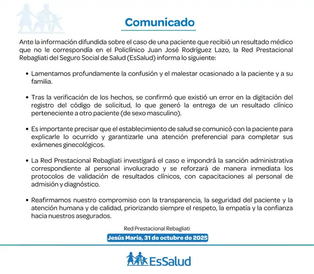 EsSalud pidió disculpas públicas a paciente adulta mayor, pero hijo cuestiona el profesionalismo del centro, ya que el diagnóstico pudo ser mortal para la salud de su mamá de 70 años. Foto: EsSalud.   