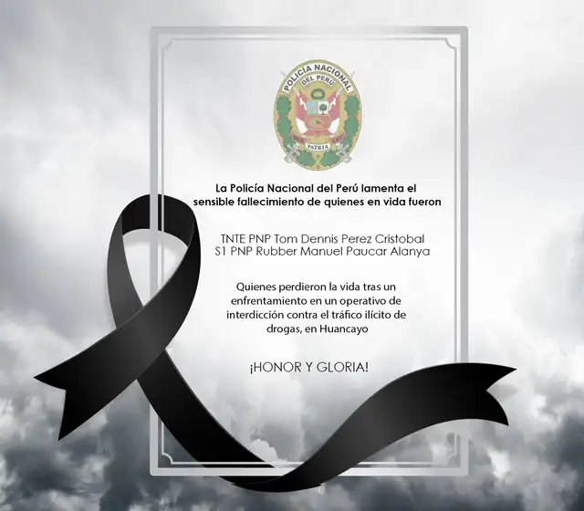 Huancayo 2 policías asesinados y 2 heridos con arma de fuego dejó enfrentamiento con presuntos narcotraficantes  Policía Nacional del Perú. Foto: PNP/Twitter
