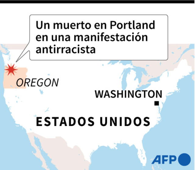 Localización de Portland en donde una persona murió por bala el sábado cuando se registraron choques entre manifestantes antirracistas y partidarios de Donald Trump, indicó el domingo la policía local. Infografía: AFP