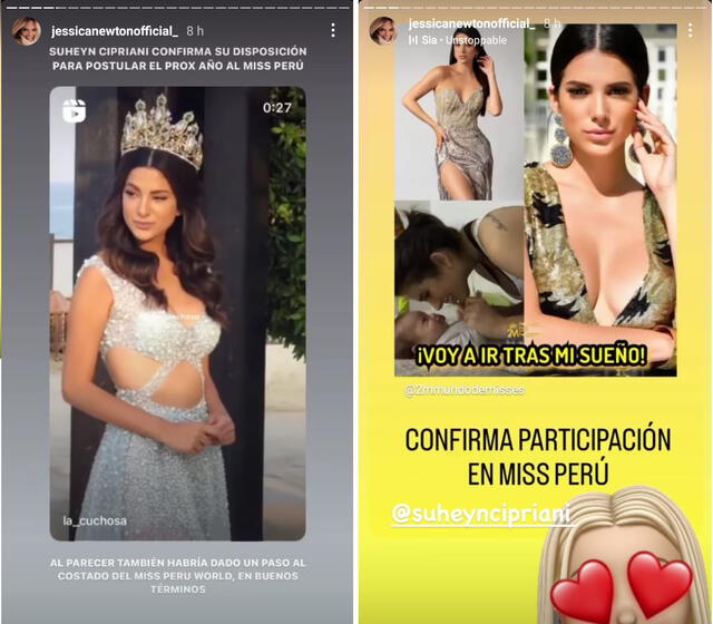 9.8.2022 | Historias de Jessica Newton celebrando que Suheyn Cipriani participe en el Miss Perú 2023. Foto: captura Jessica Newton/Instagram