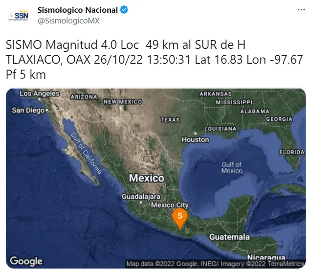 Último sismo en México según el SSN. Foto: Twitter/@SismologicoMX