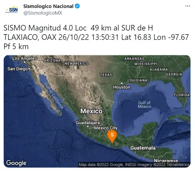 Último sismo en México según el SSN. Foto: Twitter/@SismologicoMX