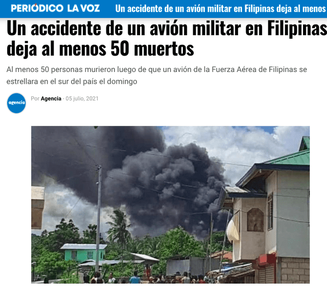 Publicación del medio La Voz sobre un accidente aéreo en Sulu, Filipinas. Fuente: Captura LR, La Voz.