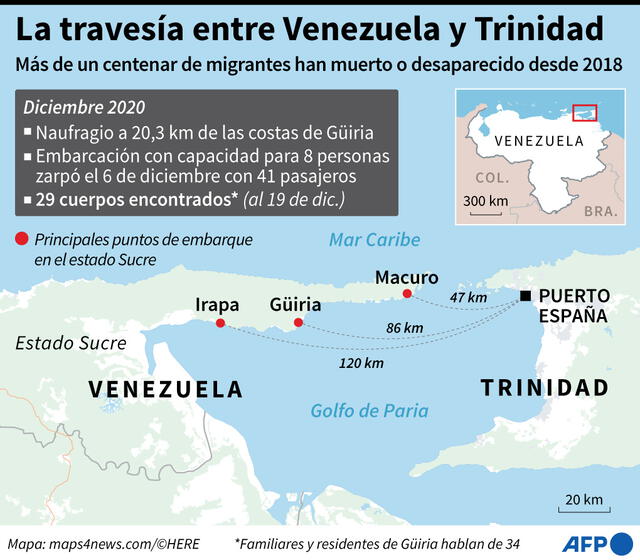 Mapa de localización de la travesía realizada por los migrantes venezolanos hacia Trinidad y Tobago y datos sobre el naufragio de una embarcación en diciembre de 2020. Infografía: AFP