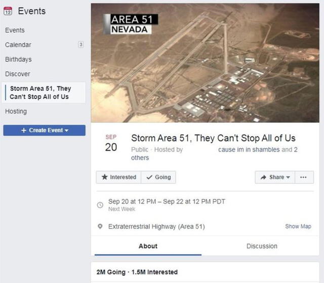 El evento cita a una invasión al Área 51 para el 20 de septiembre. Foto: Facebook