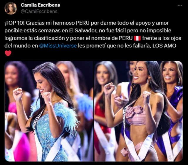  Camila Escribens se pronuncia tras quedar en el top 10 del Miss Universo. Foto: captura/Twitter/Camila Escribens   