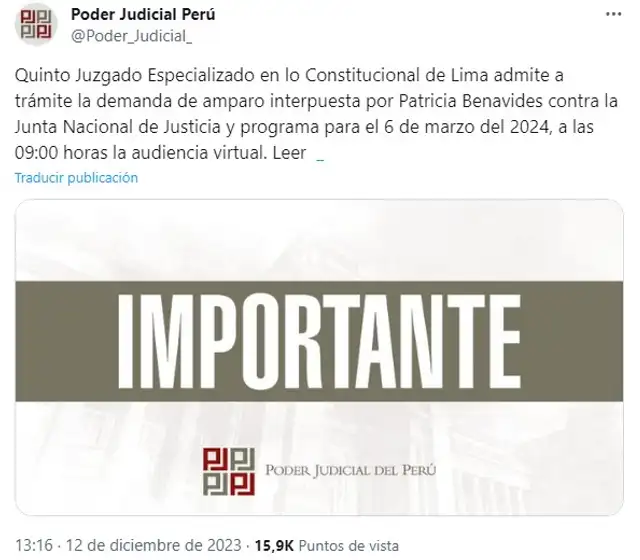 El Poder Judicial admitió a trámite demanda de amparo interpuesta por Patricia Benavides. Foto: X El Poder Judicial admitió a trámite demanda de amparo interpuesta por Patricia Benavides. Foto: X