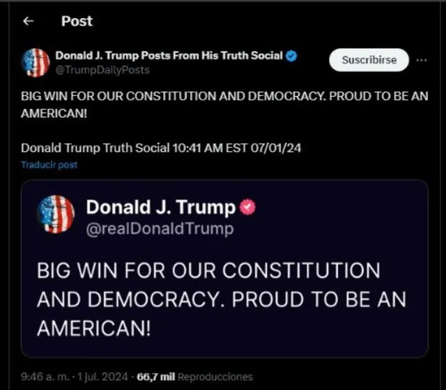 Este fue el post que colocó Donald Trump tras conocer el fallo de la Corte Suprema. Captura: TrumpDailyPosts/ X. Este fue el post que colocó Donald Trump tras conocer el fallo de la Corte Suprema. Captura: TrumpDailyPosts/ X.