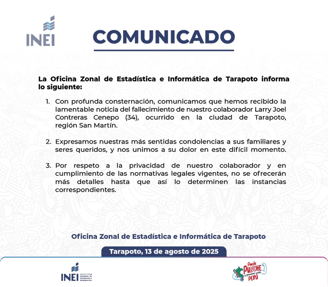  Comunicado INEI. Foto: INEI   
