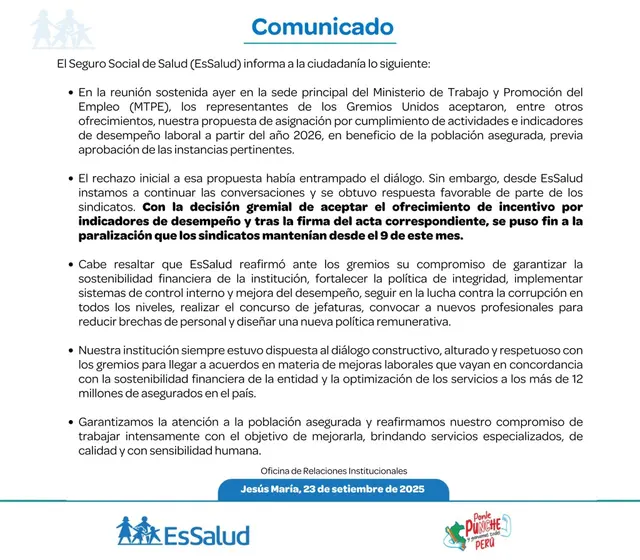 Levantan huelga de EsSalud tras 14 dias de movilzaciones. Foto: EsSalud   