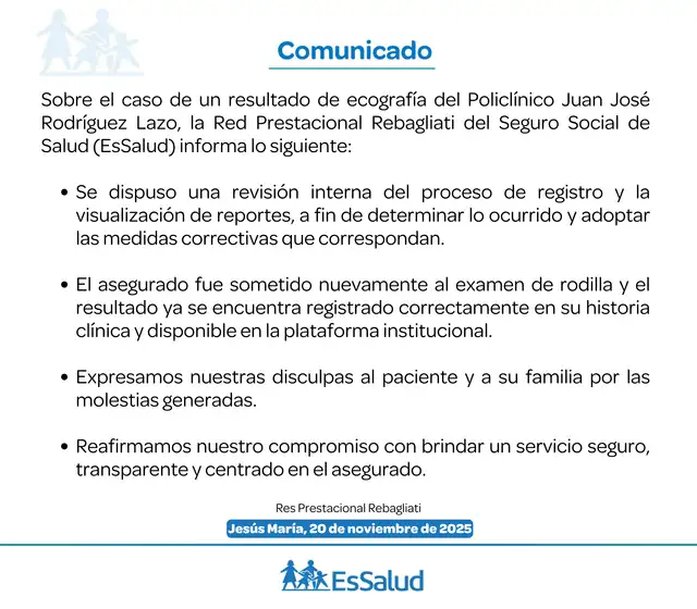 Comunicado sobre caso de paciente afectado. Créditos: EsSalud Comunicado sobre caso de paciente afectado. Créditos: EsSalud