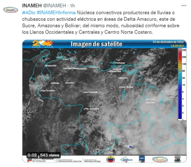 Según Inameh, conoce el último pronóstico de lluvias en Venezuela para este domingo 4 de diciembre